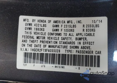 2015 Honda Accord Ex from USA, damaged, VIN 1HGCR2F7XFA055028